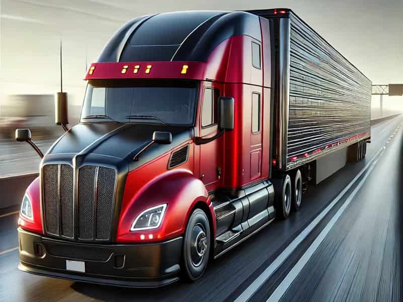 Un camion rojo y negro en la carretera